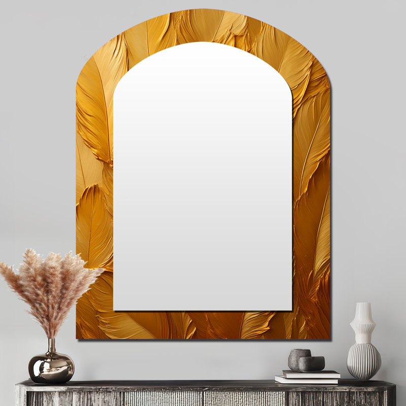 Golden Feathers - miroir mural unique de forme irrégulière à plumes, miroir asymétrique moderne, impression d'art en métal