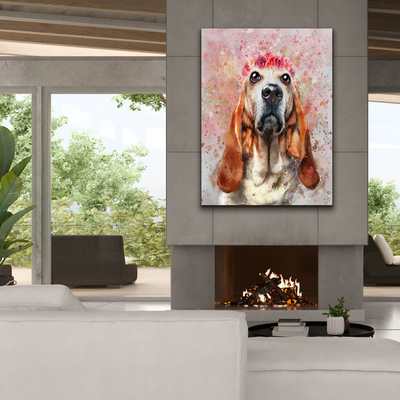«Flower Crown Basset Hound» par Furbaby Affiliates, art mural sur toile, H 54 po x l 40 po x P 1,5 po