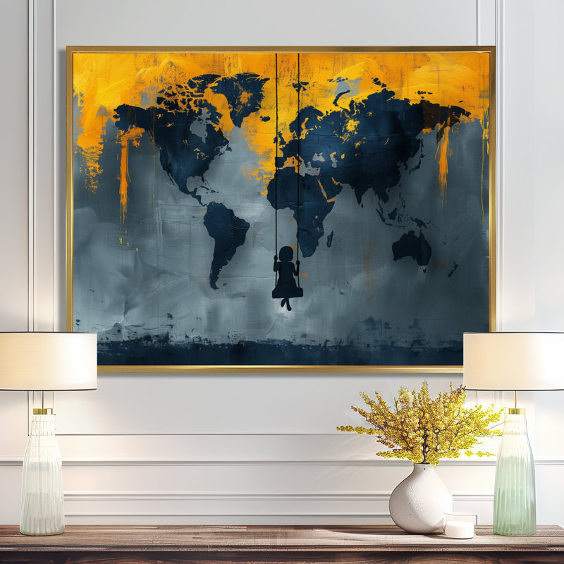 Jaune, jaune, carte du monde, aire de jeux Silhouette III - carte du monde, art mural, salon, Cadre flottant doré