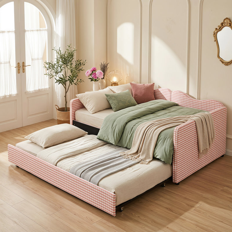 Lit de jour double avec lit gigogne escamotable, canapé-lit en vichy rembourré avec poche de rangement latérale, structure en bois massif, lit de jour multifonctionnel 3 en 1 pour chambre à coucher, chambre d'amis