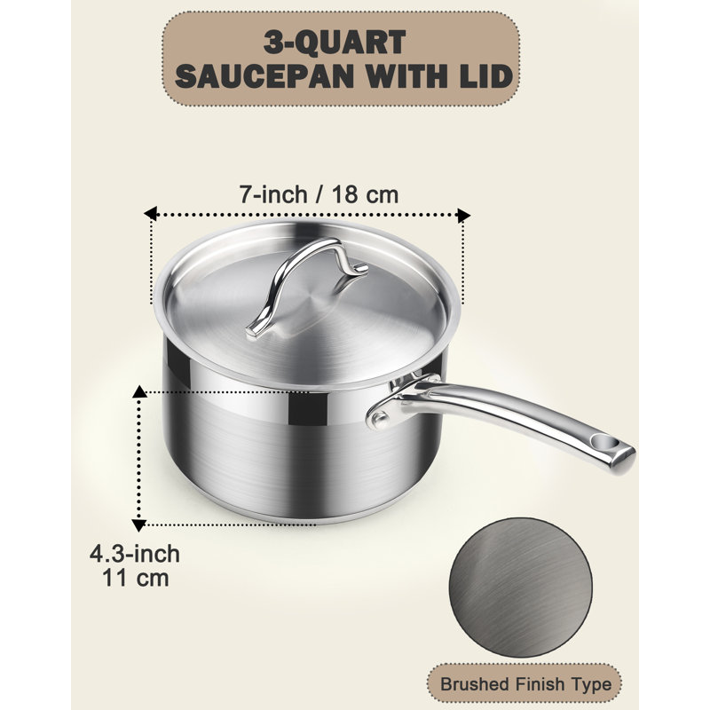 Casserole standard en acier inoxydable de 3 pintes avec couvercle, casserole de cuisine, casserole à usages multiples, casserole de cuisson au chocolat au lait, lavable au lave-vaisselle et au four, compatible avec cuisinière à induction