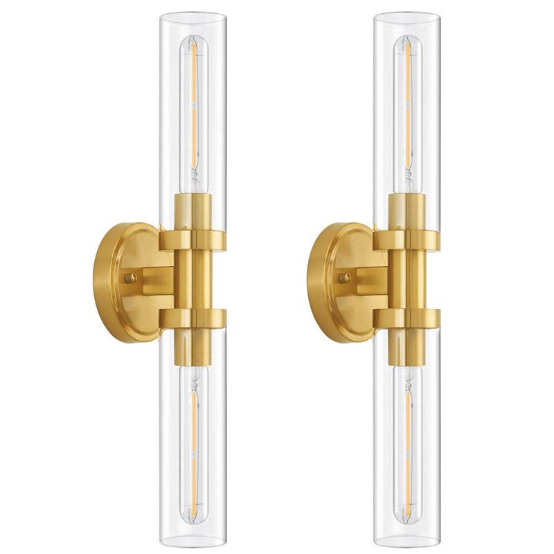 Hardwired Wall Sconces Set of 2, Brushed Gold Bathroom Dimmable Wall Sconces Vanity Light Fixture with Clear Glass, Modern Farmhouse Wall Lights for Bathroom Mirror Living Room Hallway Kitchen