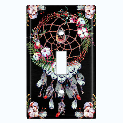 Metal Light Switch Plate Outlet Cover (Brown Feather Dream Catcher Black  - Single Toggle)