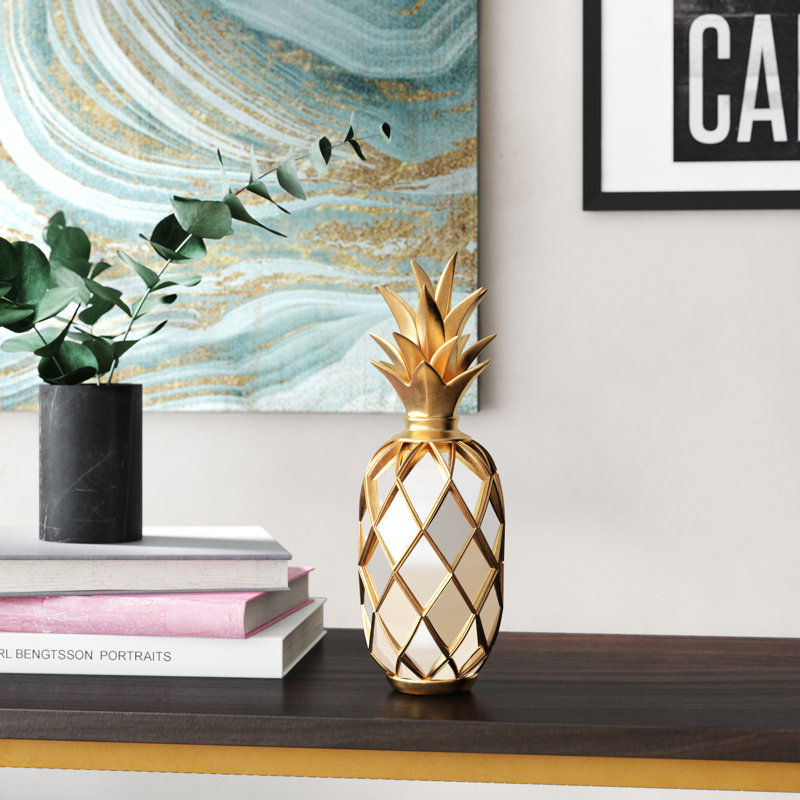 Jalonte Polystone Pineapple Fruit Decorative Gold Sculpture with Mirror Accents, 15" H x 5" W x 5" D