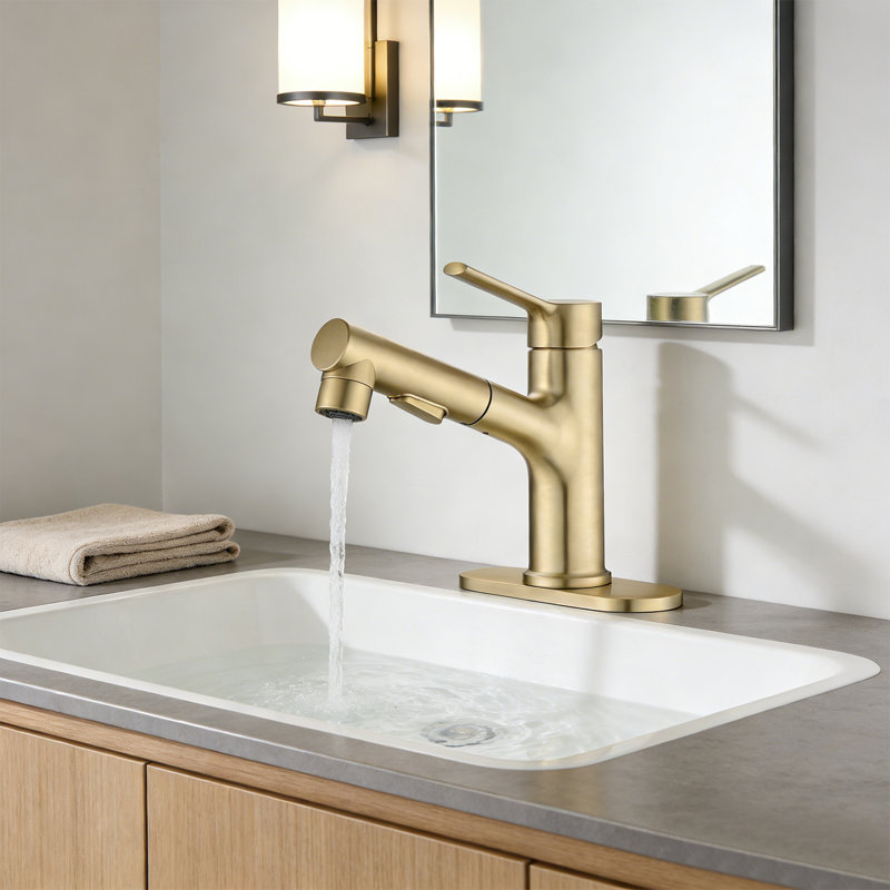 Single Handle 3 modes Sprayer Pull Out Bathroom Faucet With Drain Assembly, Brushed Gold
