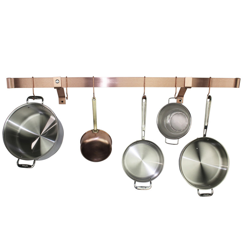 Rolled End Bar Handcrafted Wall Bracket Pot Rack, 2" H x 48" W x 1" D, Brushed Copper