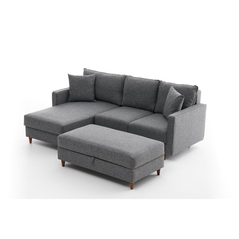 Modern Corner Sofa with Pouffe, Grey Polyester Fabric, 82 x 83.5 x 76.8 inches | Durable FIR Frame, 28 DNS Foam Seats, Easy Clean | Scandinavian Design for Stylish Living Rooms & Comfort