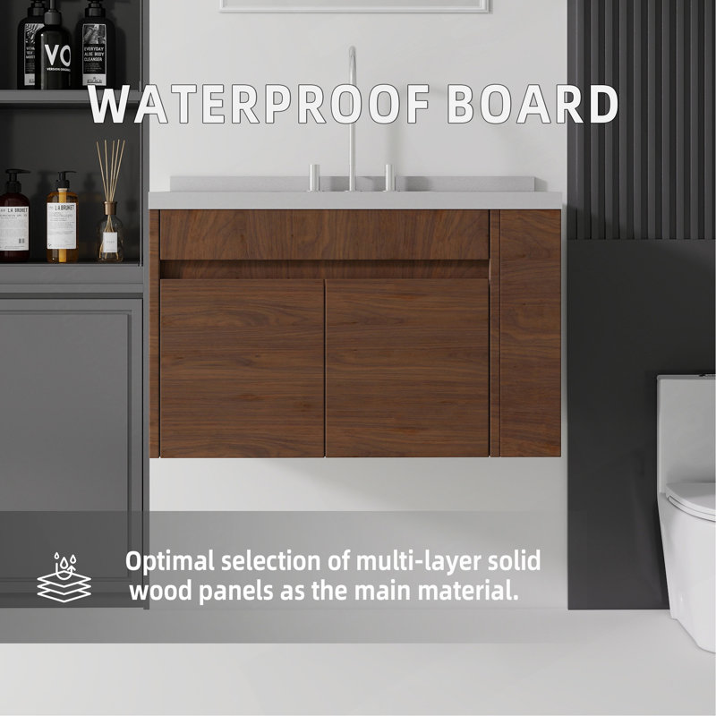 Meuble-lavabo flottant 36 po avec lavabo, porte à fermeture douce, comptoir et dosseret en granite blanc cultivé de 2 po, contreplaqué
