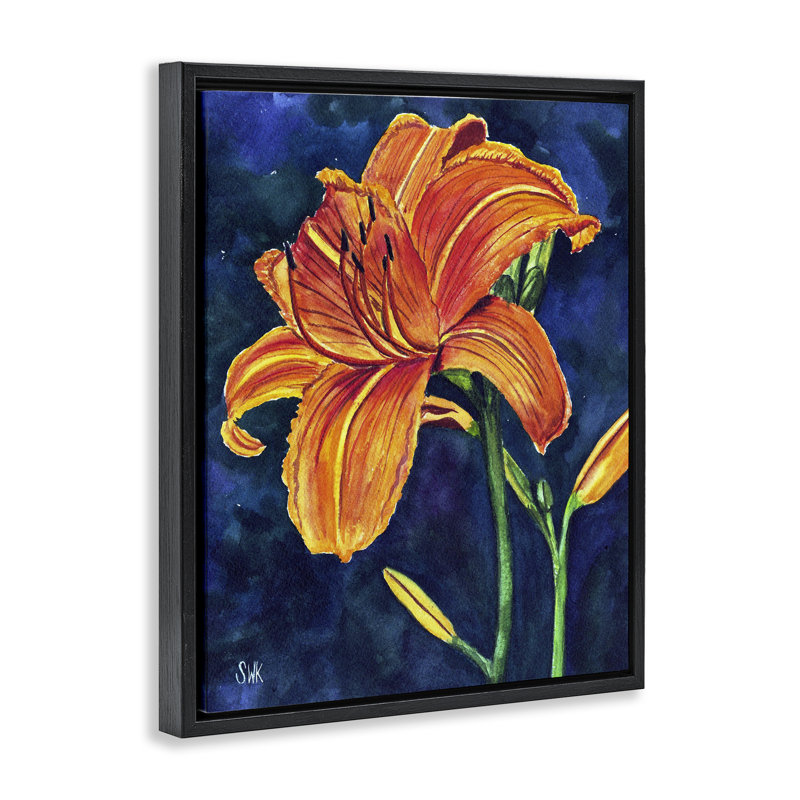 «Orange Day Lily Floater», art mural par Sarah Waldron Kimball, H 31 po x l 25 po, Cadre flottant noir de jais