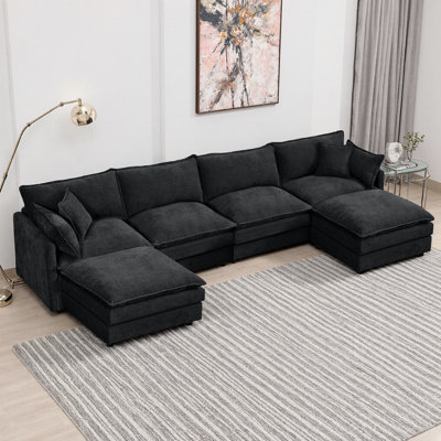 130.7" Chenille U-Sectional – Modular Cloud Seats, 2 Movable Ottomans, DIY U/L/Sleeper Layouts, Vacuum-Flat Packs