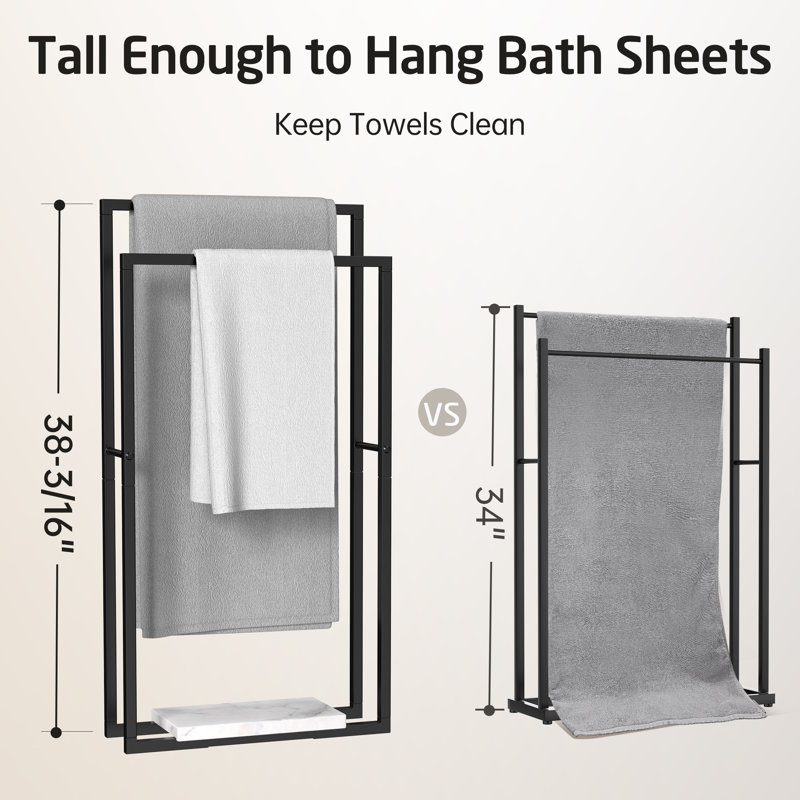 Support à serviettes autoportant à 2 niveaux avec base en marbre pour salle de bain en métal noir mat