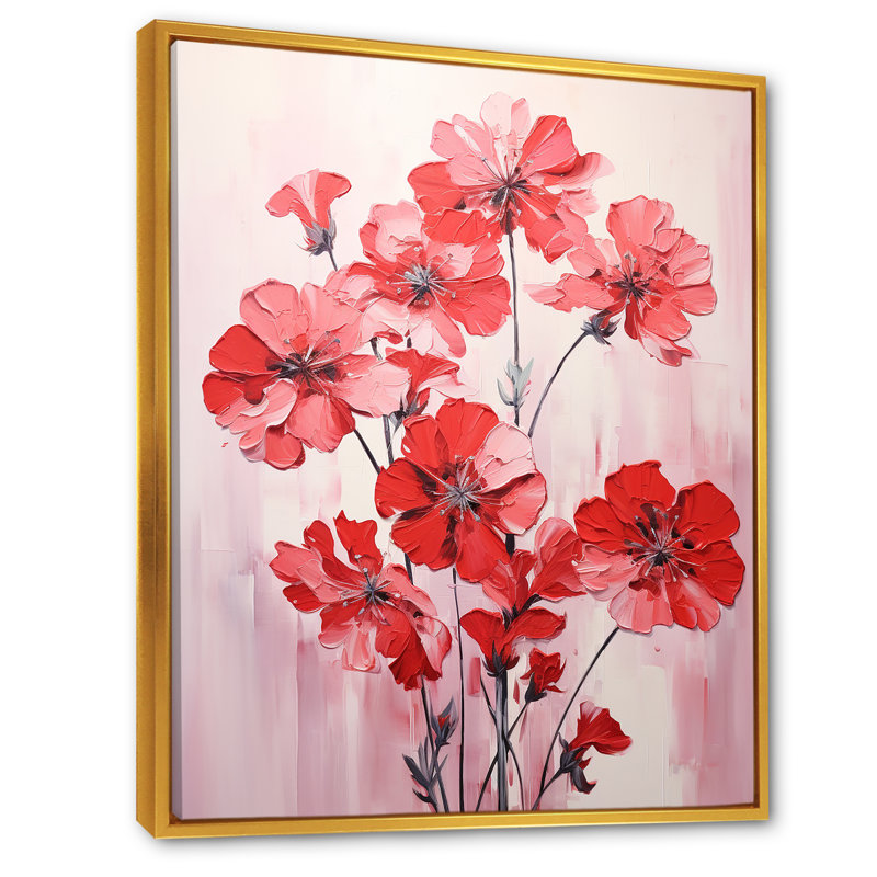 Minimalisme blanc et géraniums rouges sur toile, Cadre flottant doré, H 44 po x l 34 po x P 1,5 po