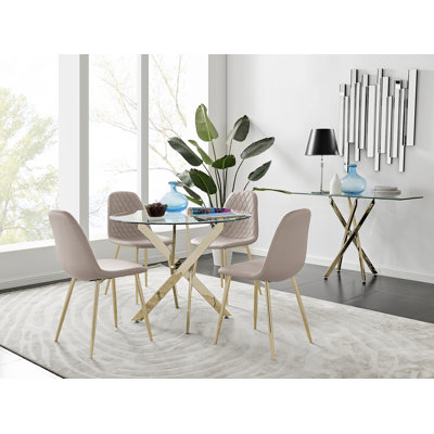 Tierra Modern Chrome Metal & Glass Round Dining Table Set with 4 Luxury Faux Leather Chairs