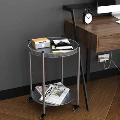 Table basse ronde à 2 niveaux en métal gris argenté avec roulettes, idéale comme table de chevet ou table de bout, moelleux sur les tapis et les planchers durs, côté design compact et fonctionnel pour une utilisation à l'intérieur, simple et amovible