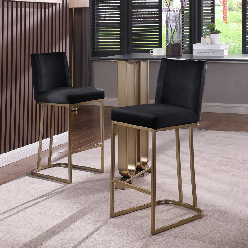 Ensemble de 2 tabourets de bar avec dossier, tabourets de bar brossés dorés, tabourets de cuisine modernes pour comptoir, chaises rembourrées - noir