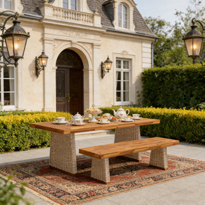 Outdoor Acacia Wood Dining Set with Slatted Table and Bench for Durable, Stylish Patio Entertaining.