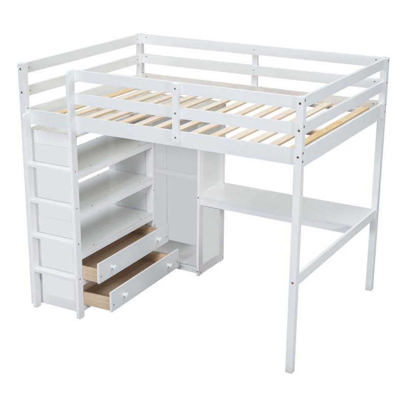 Lit mezzanine double en bois avec garde-robe intégrée, bureau, tablettes et tiroirs, blanc, Blanc