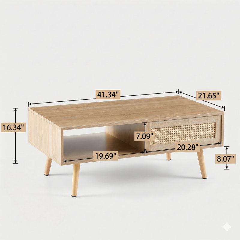 Table basse de rangement en rotin tissé de 41,34 po avec portes coulissantes et pieds en bois massif, table moderne pour le salon, finition naturelle