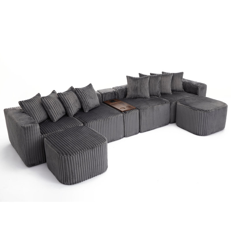 Canapé en velours côtelé désossé en forme de U, 137,5 po avec chargement USB et sans fil, table basse et porte-gobelet, conception modulaire mobile, 6 sièges, sans assemblage