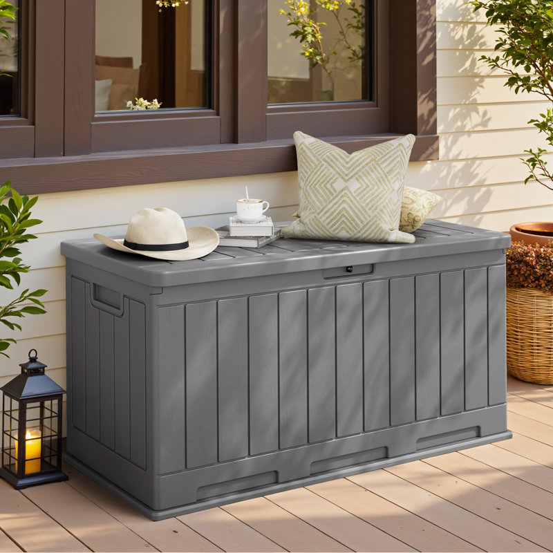 90 Gallon Outdoor Lockable Resin Deck Box For Patio Furniture, Gray