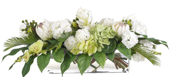 Hydrangea Protea, Green White, Glass Rectangle, 33wx16dx13h