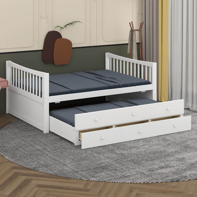 Lit de jour double avec lit gigogne simple et 3 tiroirs de rangement, lit capitaine en bois, lit plateforme en bois, Blanc