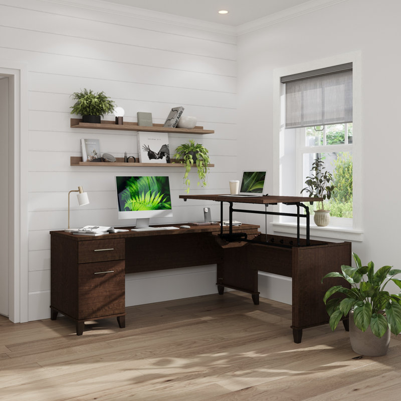 72W 3 Position Sit to Stand L Shaped Desk in Mocha Cherry, Mocha Cherry