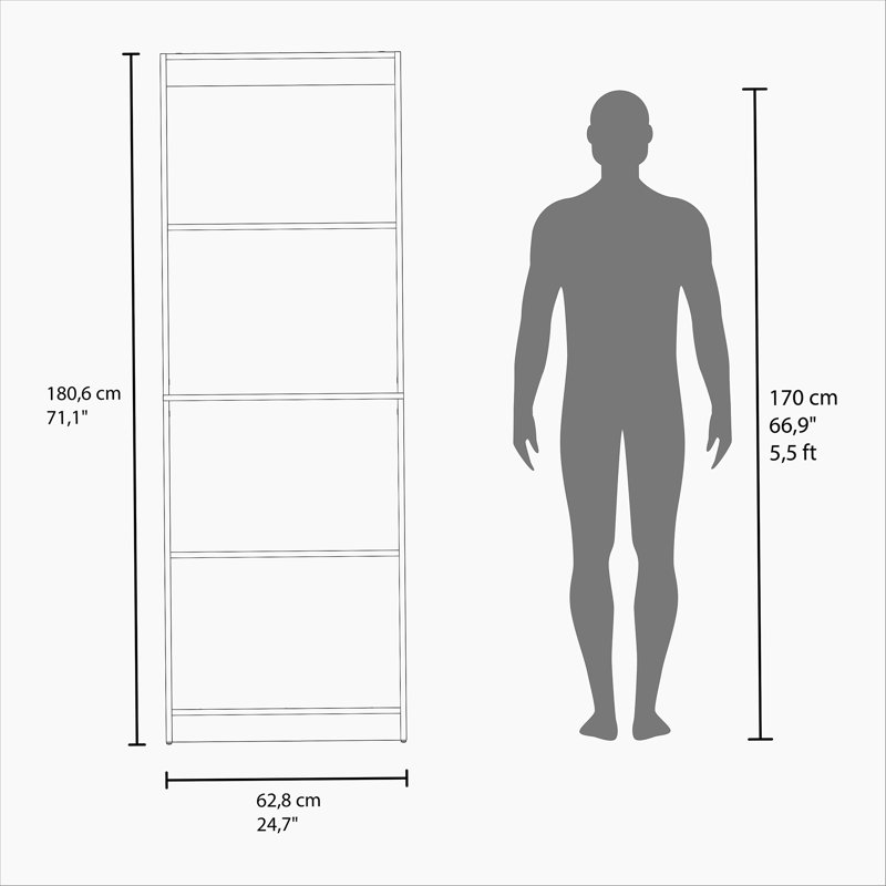 Natural Oak and White 4-Shelf Flat Bookcase with Open Storage, (4 Shelves) 71"H x 24.7"W x 11.7"D