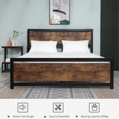 Grand cadre de lit grand format avec support en lattes de métal noir à grain de bois foncé, aucun sommier nécessaire, rangement inférieur, 63 po x 82 po x 40,5 po, pieds et têtes de lit industriels, 880 lb