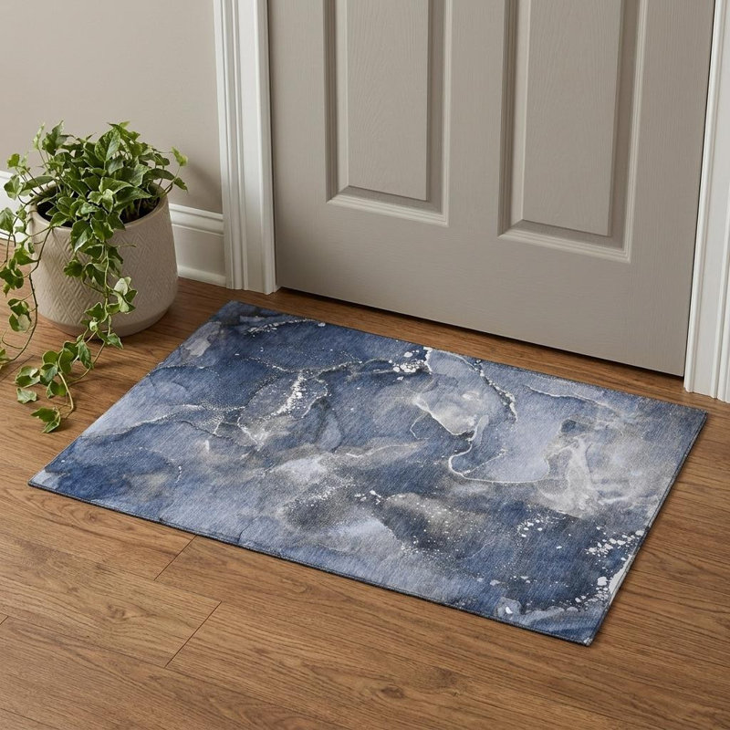 3' X 5' Navy Blue And Ivory Abstract Washable Area Rug With UV Protection