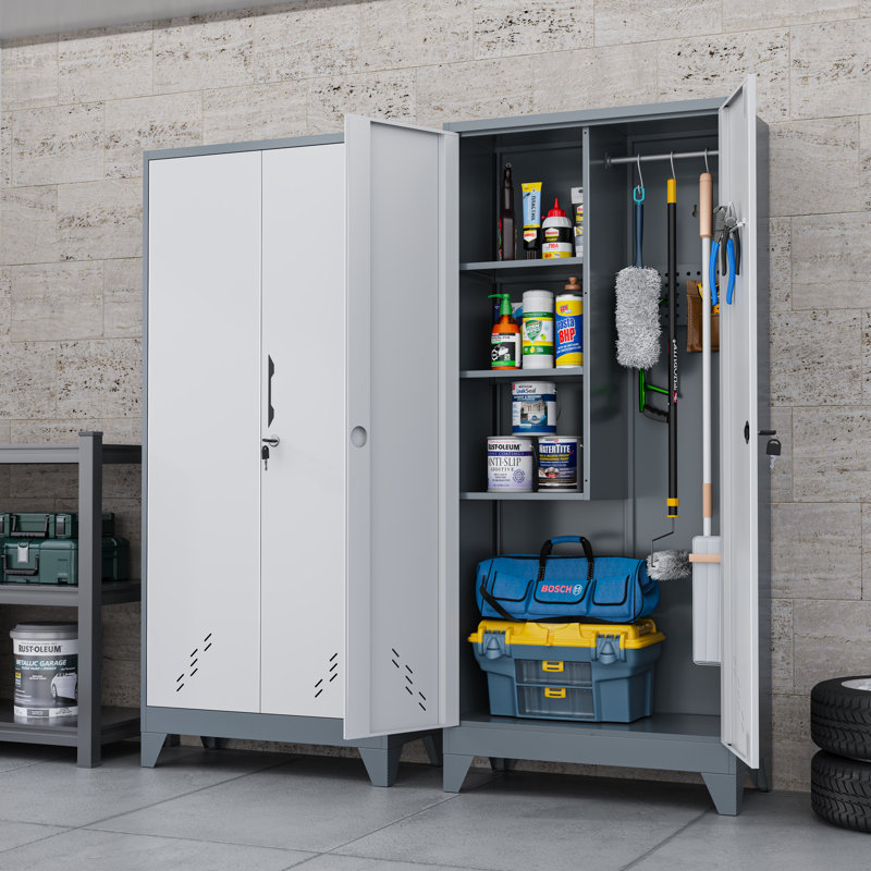 Armoire de rangement en métal, armoire à outils de nettoyage de 61 po avec porte verrouillable, grande armoire à outils utilitaire avec tringles de suspension pour la cuisine, le garage et la salle de lavage