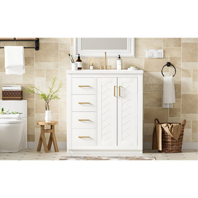 30'' Bathroom Vanity With Ceramic Sink Combo,Solid Wood Frame Bathroom Storage Cabinet, Freestanding Vanity Set With 3 Drawers& Soft Closing Doors