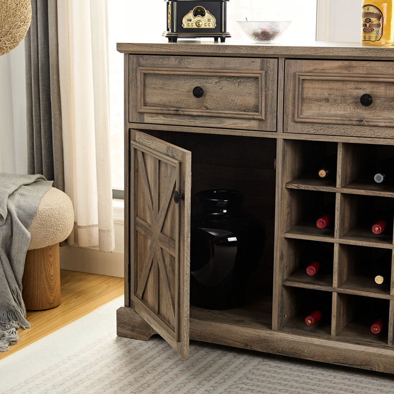 Grey Wash Storage Cabinet With Removable Wine , 2 Drawers, Rustic For Dining Room Sideboard Big Shelves,