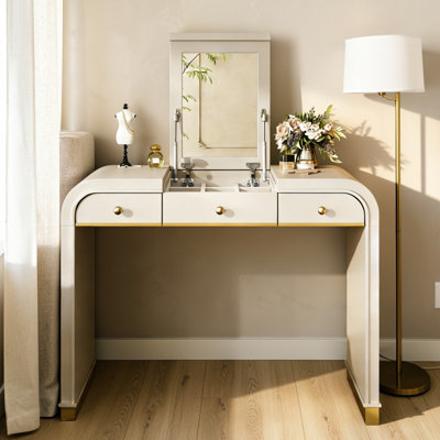 39" Makeup Vanity Table, Flip-Top Mirror Storage, Gold Accent Knobs, Minimalist, Bedroom