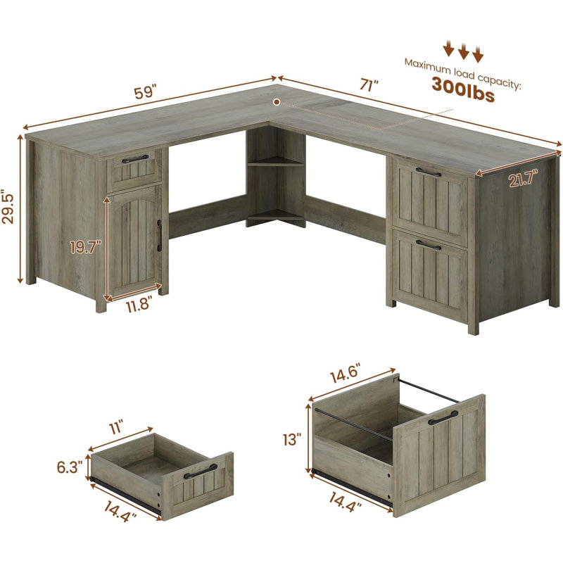 Farmhouse L Shaped Desk with 3 Drawers & Storage