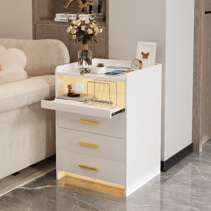 Eaden 3 Drawer Nightstand With Light, White