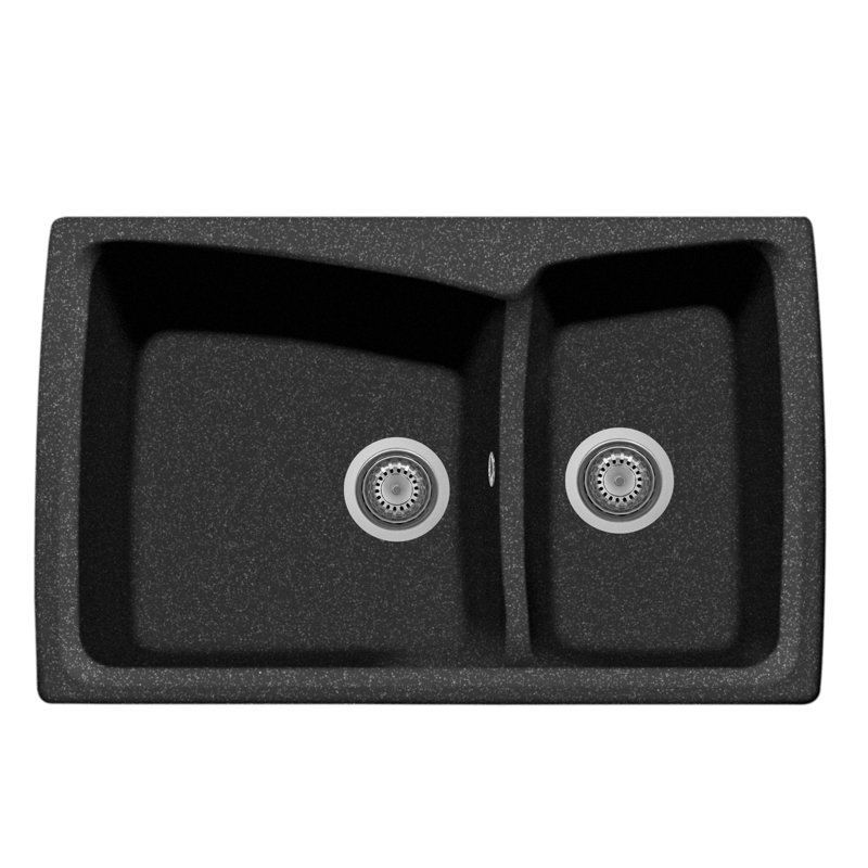 Belfry Kitchen Copeland 500mm W Double Bowl Granite Kitchen Sink with 1 Faucet Hole, Ebony Black