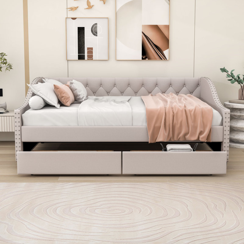 Upholstered double daybed with two drawers, Beige