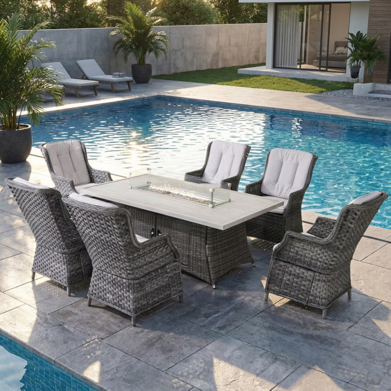 6-Person Wicker Patio Dining Set with Rectangular Table, Cushions Included
