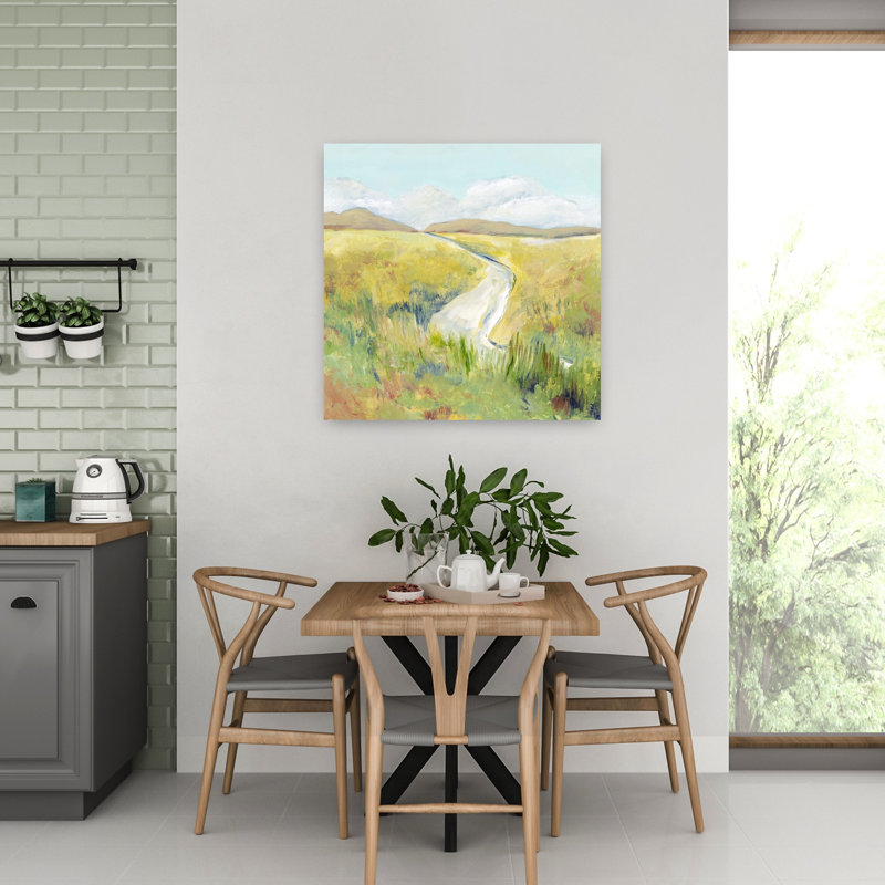 Sentier à travers les champs dorés, paysage contemporain abstrait, art mural, 32" H x 32" W