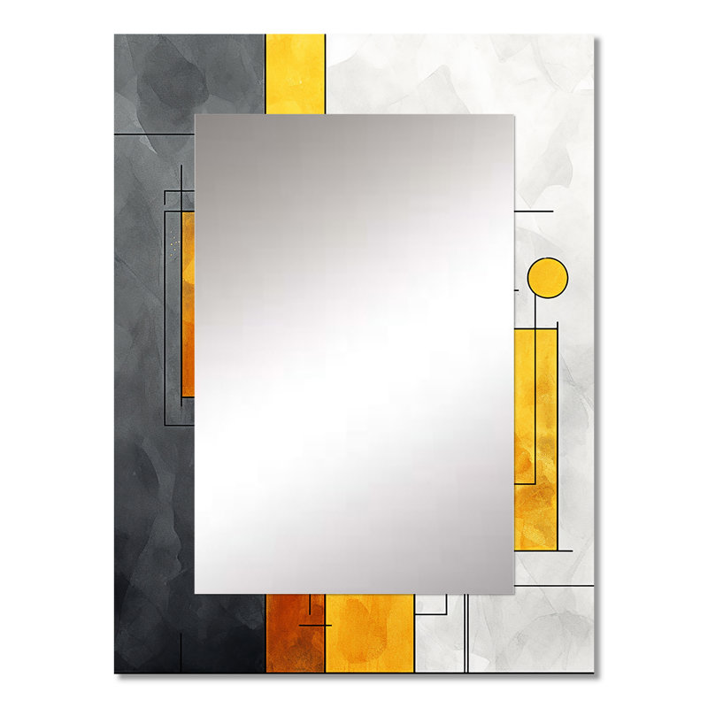 Yellow and Grey geometric fusion 6 - Geometric Mirror, Modern Decorative Wall Mirror, Printed Metal Art, 32" x 24"