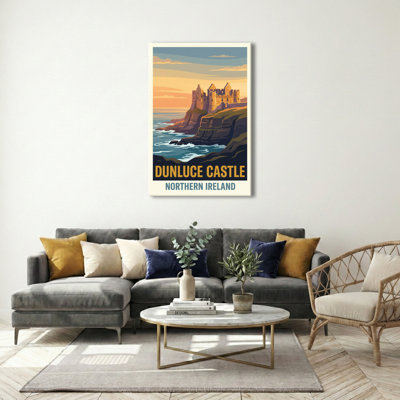 Dunluce Castle, Northern Ireland - Cliffside Romance Vintage Travel Poster. Giclee Print on Wrapped Canvas. Wall Art, Home Decor - Castles & Palaces, Northern Ireland 1 Piece Wrapped Canvas Wall Art