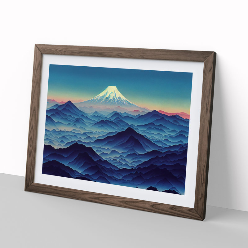 Flowing Japanese Mountains - Single Picture Frame Print, 46cm H x 64cm W x 2cm D, Walnut