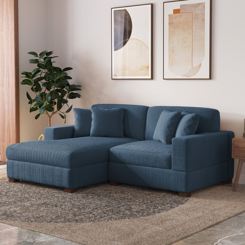 2 - Piece Upholstered Navy Corduroy Modular Sectional Sofa with Pillow Back and Solid Wood Legs, Left Hand Facing