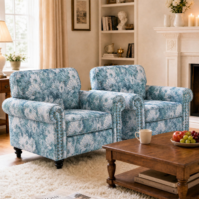 Fauteuil rembourré en mélange de coton, Fleurs cyan