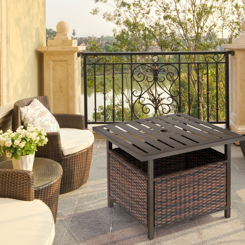 Rattan 55.5*55.5*46 cm Steel 1 Piece Coffee Table Brown with Umbrella Hole