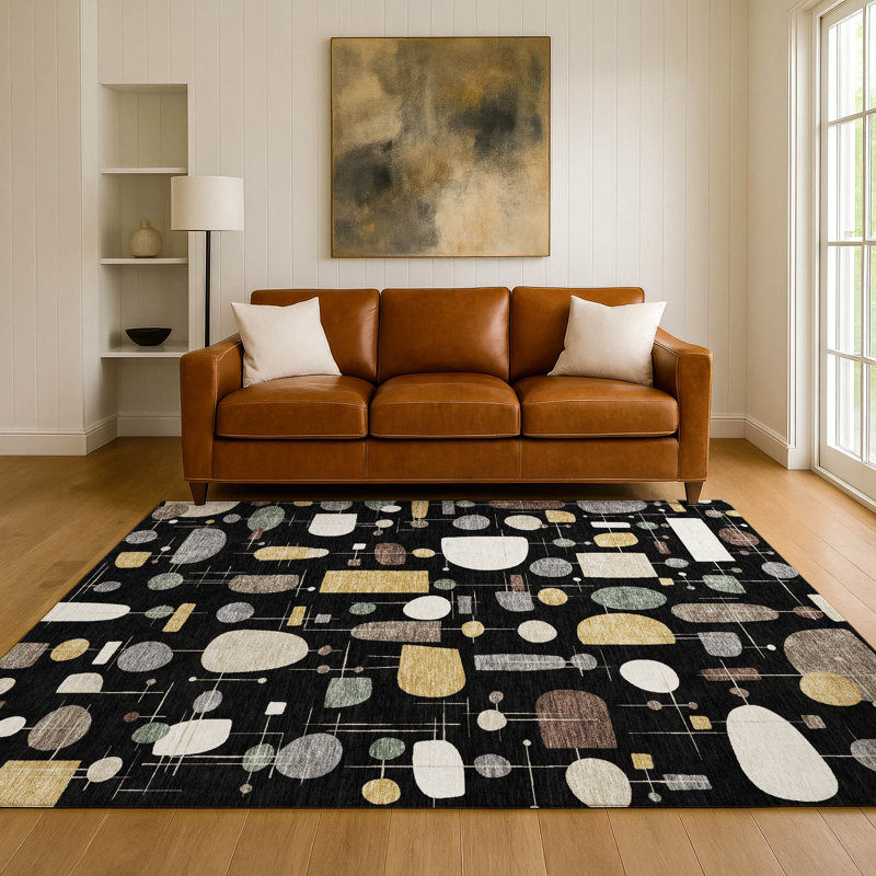 Tapis géométrique lavable à la machine de qualité supérieure Mayfield AMF2393, Noir, 10 pi x 14 pi