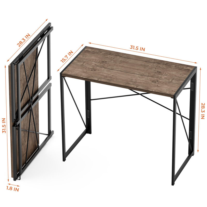Rustic Brown Folding Computer Desk, No Assembly Space Saving Writing Table, 28.4" H x 31.5" W x 15.8" D