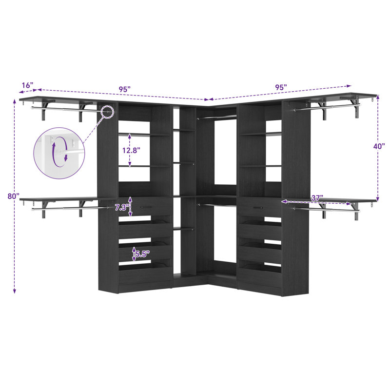 95-132Inches Closet System With Drawers And Corner Closet, Black
