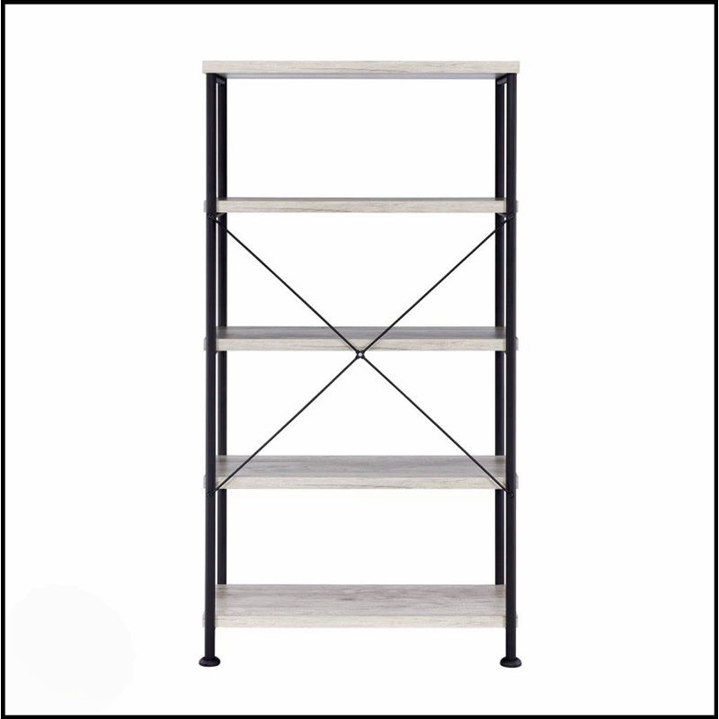 4-Shelf Bookcase With Metal Frame In Grey Driftwood, Combining Modern Design And Robust Storage Solutions For Any Space.